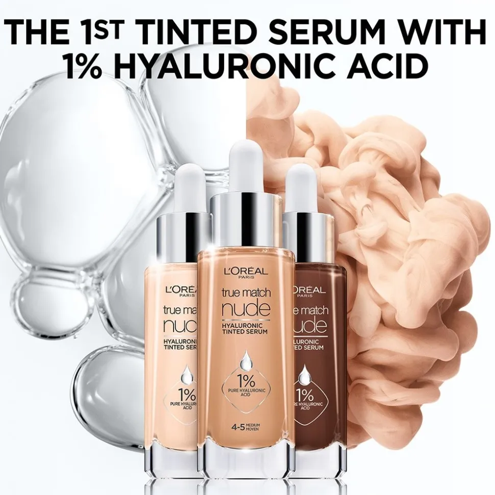 Nude Hyaluronic Tinted Serum Foundation with 1% Hyaluronic Acid, Lightweight Coverage For Dry Skin