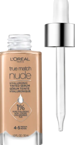 Nude Hyaluronic Tinted Serum Foundation with 1% Hyaluronic Acid, Lightweight Coverage For Dry Skin