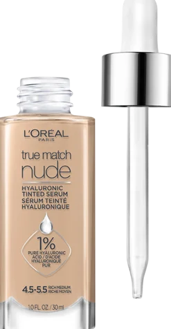 Nude Hyaluronic Tinted Serum Foundation with 1% Hyaluronic Acid, Lightweight Coverage For Dry Skin